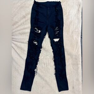 Shredded Distressed Dark Navy Women Stretch Jeans - 7